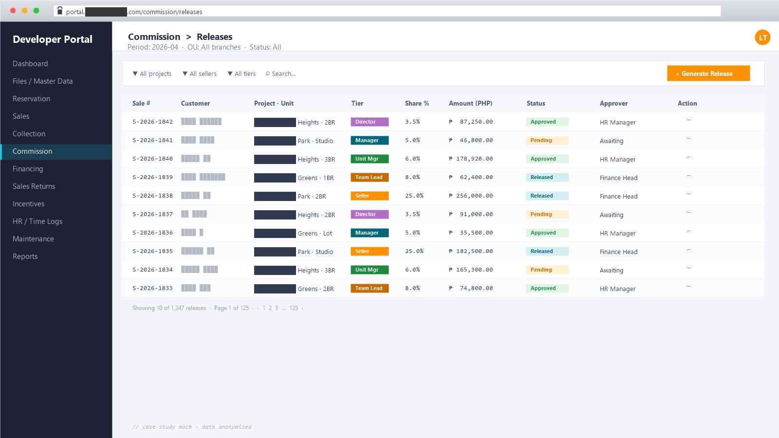 Commission Releases dashboard — anonymized table with sale records, multi-tier commission shares, status badges, and approver assignments.