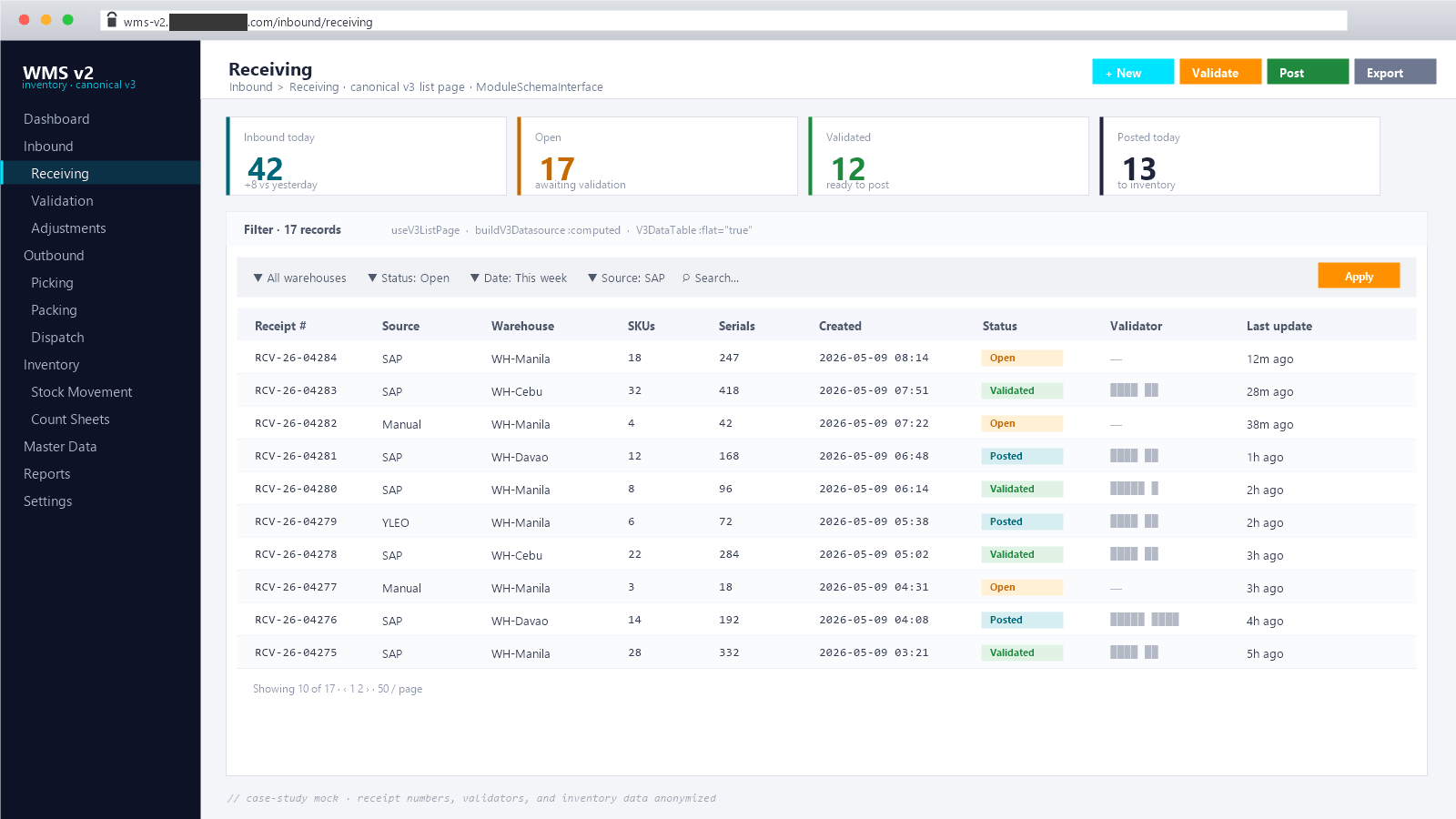 WMS v2 receiving view mock — header with workflow buttons, four stat cards, filter panel, and a V3DataTable showing anonymized receiving records with status pills, serial counts, and per-row actions.